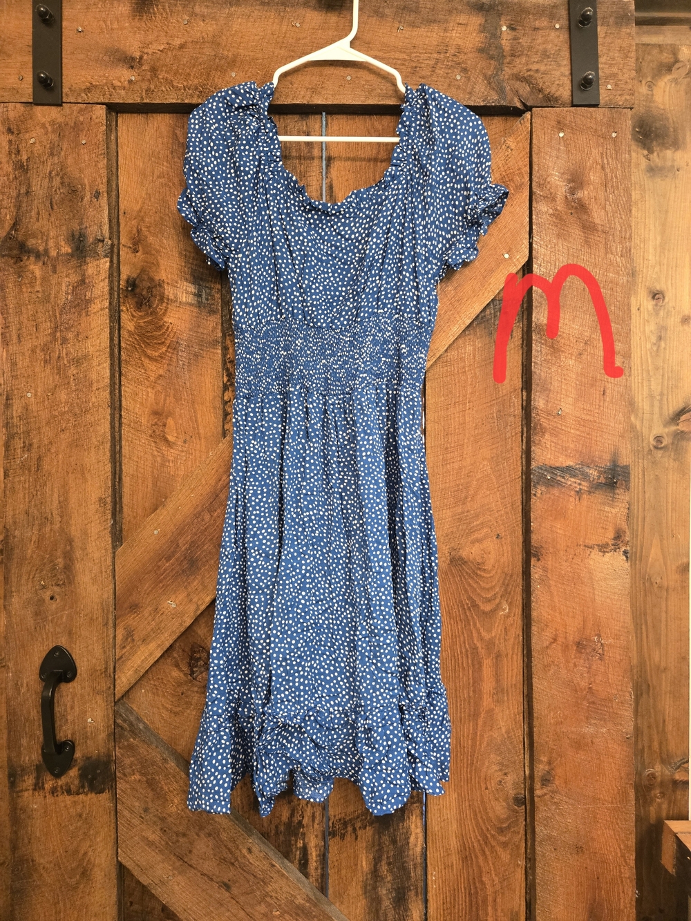 Blue Polka Dot Smocked Midi Dress